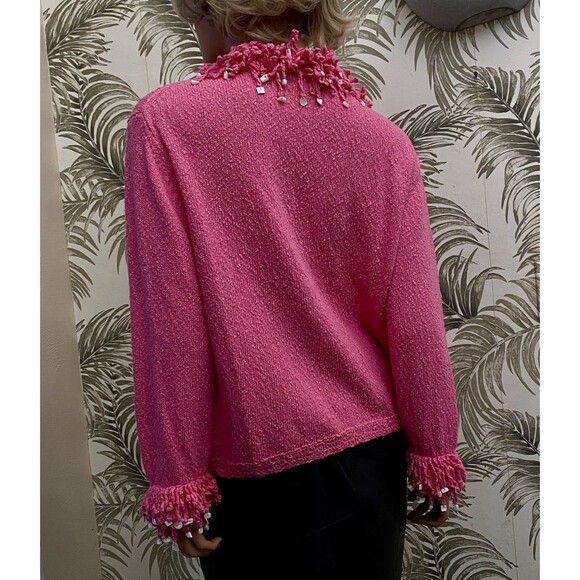 Vtg Cardigan Sweater Pink Fringe Mother Of Pearl Barbiecore Coquette feminine L - Picture 7 of 14